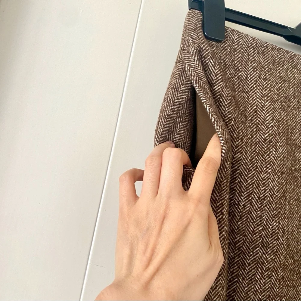 Brown fishbone wool mid length A-line skirt size 8 - Picture 5 of 8